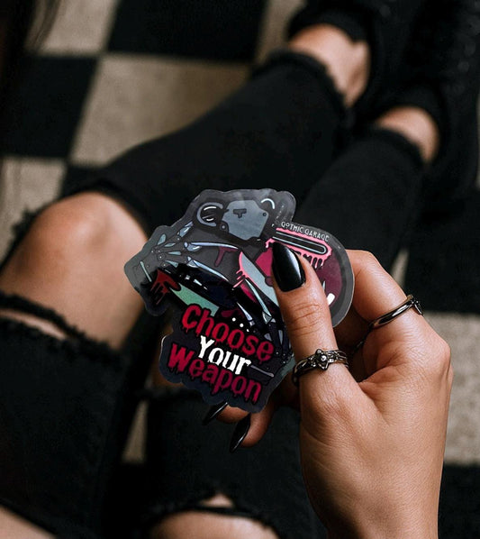 Horror Junkie Weapons, Waterproof Die Cut Sticker, Choose Between Glossy or Holographic, Perfect to Add Retro & Vintage Fun to any Surface - Tampa Home & Garden Store
