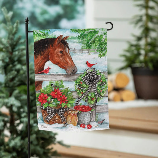 Horse and Cardinal Suede Garden Flag with a brown horse, red cardinals, greenery and plaid bow on Tampa Home & Garden Store
