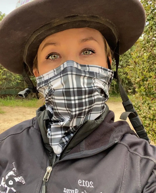 Gray plaid horse sun and dust protective bandana worn as rider face shield, equestrian gear on Tampa Home & Garden Store