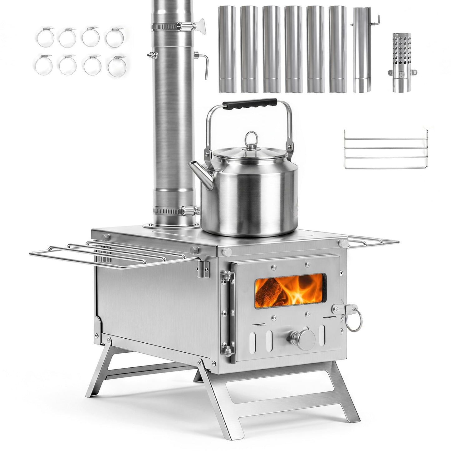Portable stainless steel tent stove with 7 chimney pipes and kettle, GemGear camping stove on Tampa Home & Garden Store