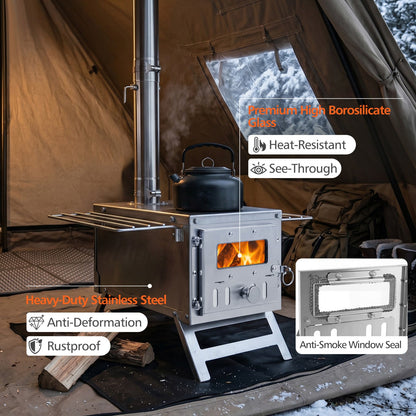 Portable wood-burning tent stove with 7 chimney pipes in stainless steel DirectDeals on Tampa Home & Garden Store