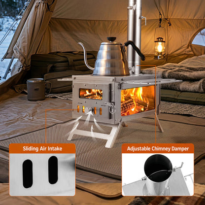 Portable wood-burning tent stove by DirectDeals with 7 chimney pipes and kettle on top inside a tent on Tampa Home & Garden Store