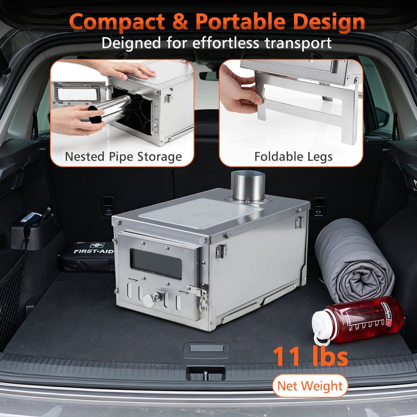 Portable wood-burning tent stove with 7 chimney pipes and foldable legs on Tampa Home & Garden Store