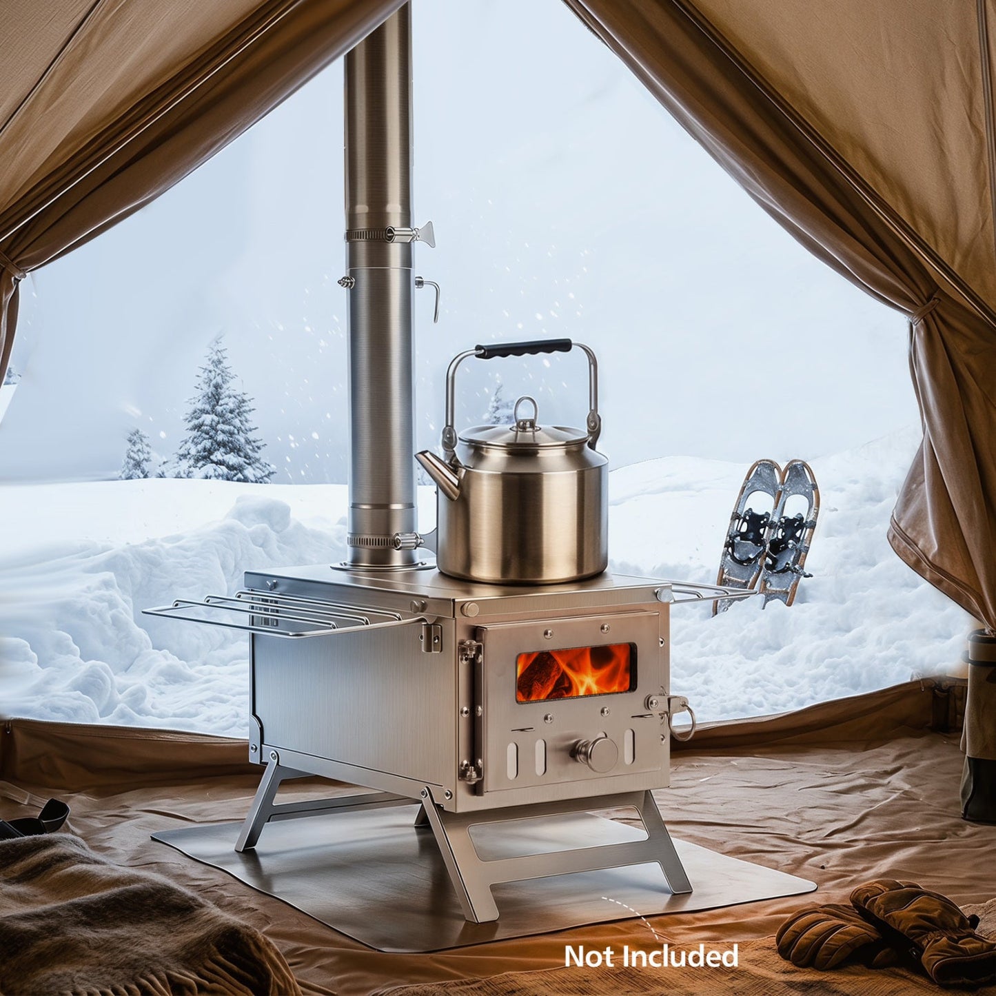 Portable wood-burning tent stove with stainless chimney and kettle in a snowy tent on Tampa Home & Garden Store