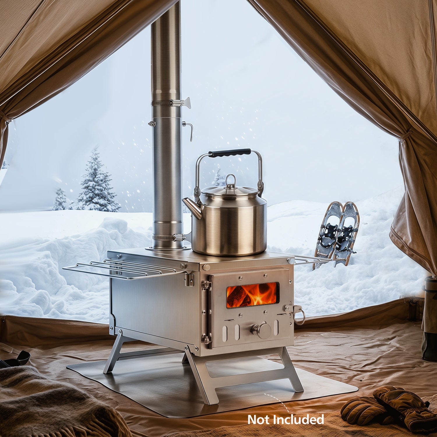 Portable wood-burning tent stove with stainless chimney and kettle in a snowy tent on Tampa Home & Garden Store
