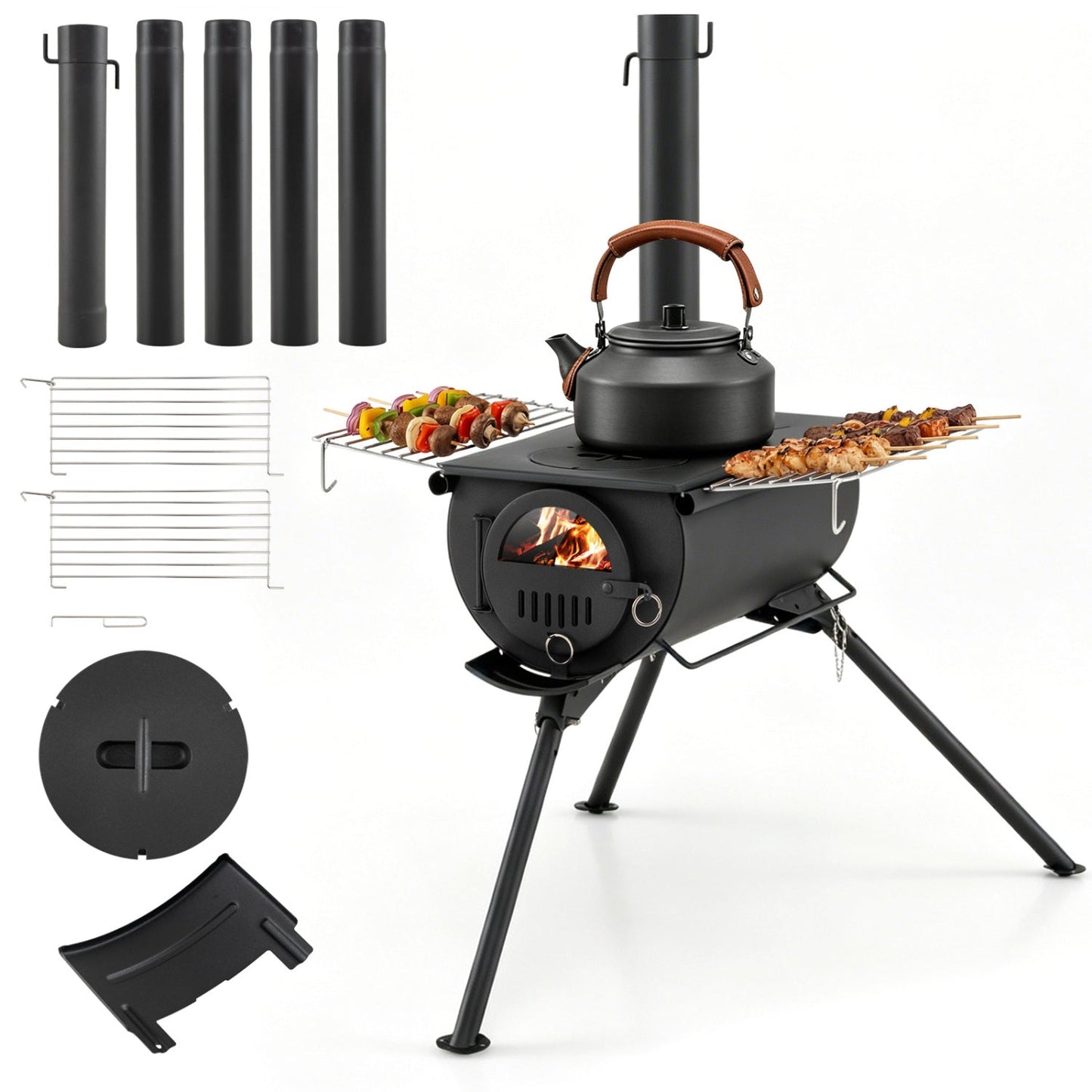 GemGear hot tent stove with legs and chimney pipes, kettle on top and grilling racks on side on Tampa Home & Garden Store