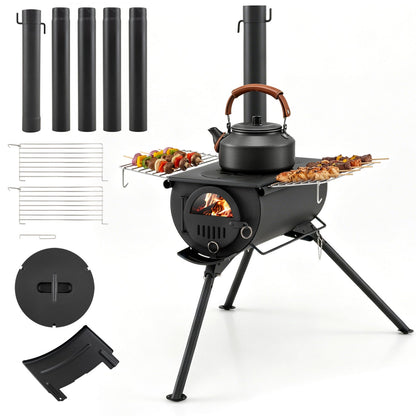 GemGear hot tent stove with legs and chimney pipes, kettle on top and grilling racks on side on Tampa Home & Garden Store
