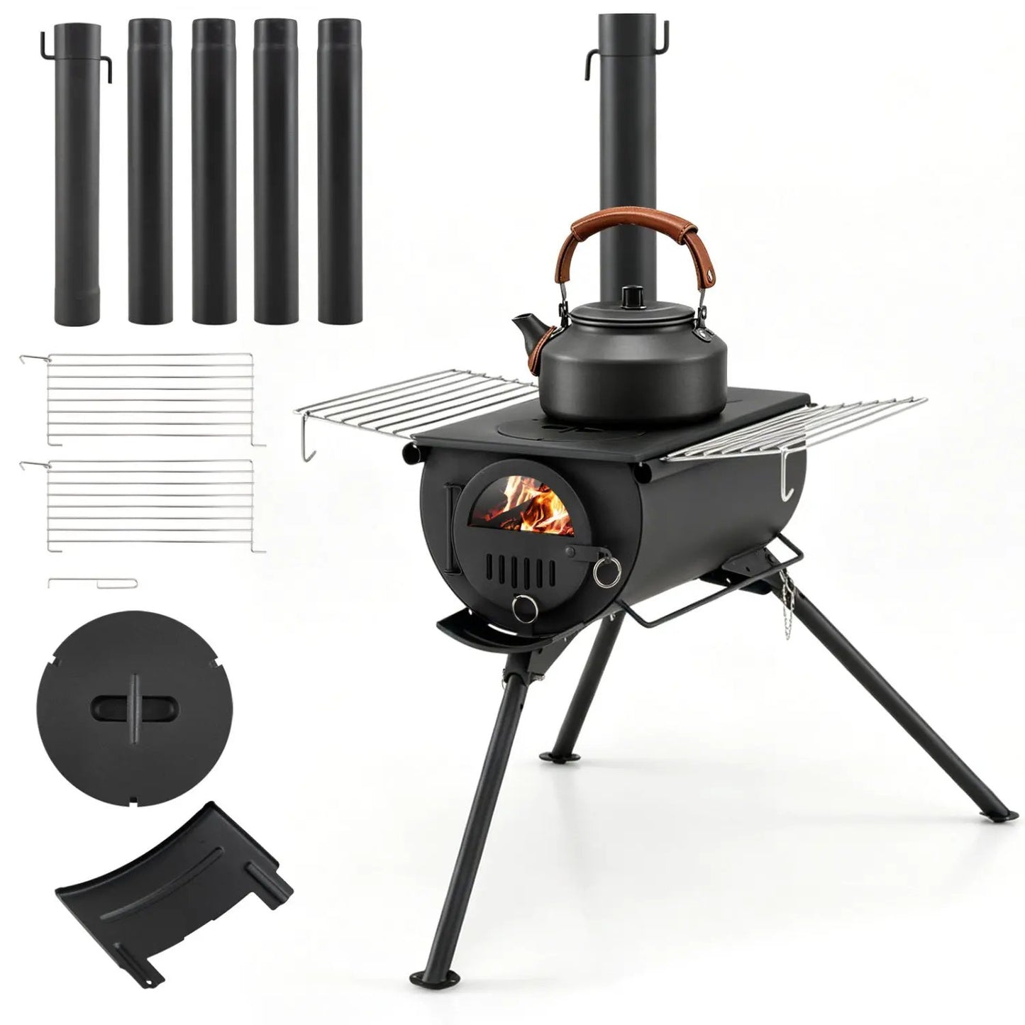 Tent Stove with Chimney Pipes and Foldable Legs