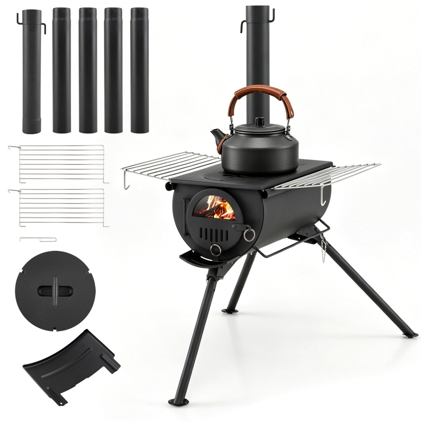GemGear hot tent stove with five chimney pipes and foldable legs, black outdoor heater on Tampa Home & Garden Store