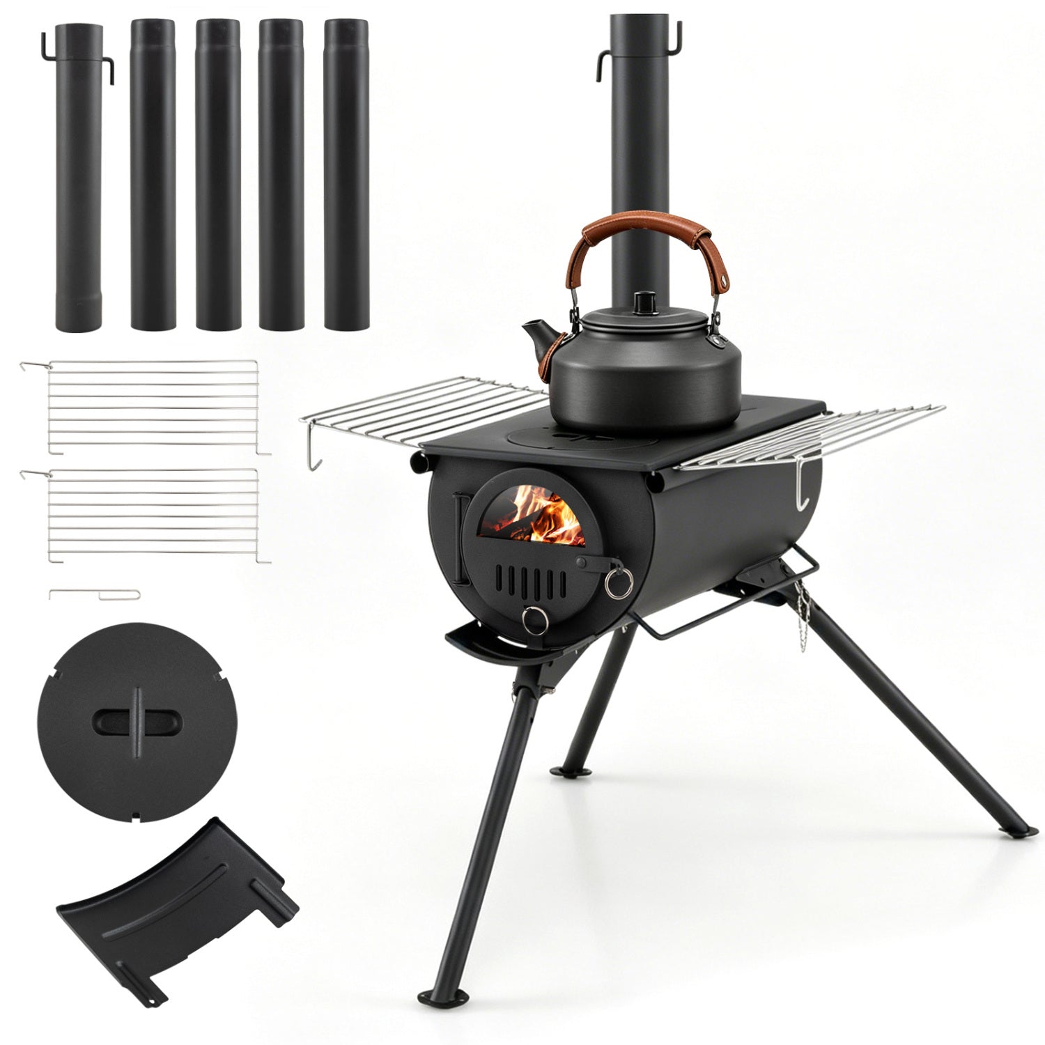 GemGear hot tent stove with five chimney pipes and foldable legs, black outdoor heater on Tampa Home & Garden Store