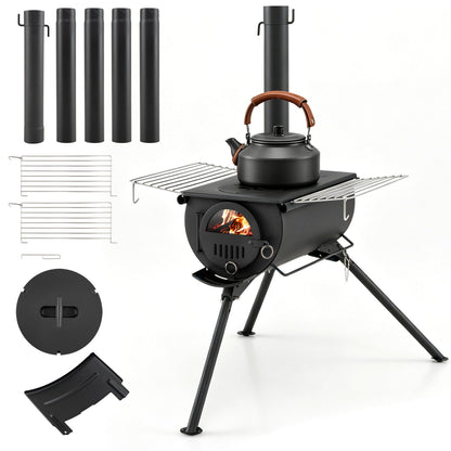 GemGear hot tent stove with five chimney pipes and foldable legs, black outdoor heater on Tampa Home & Garden Store