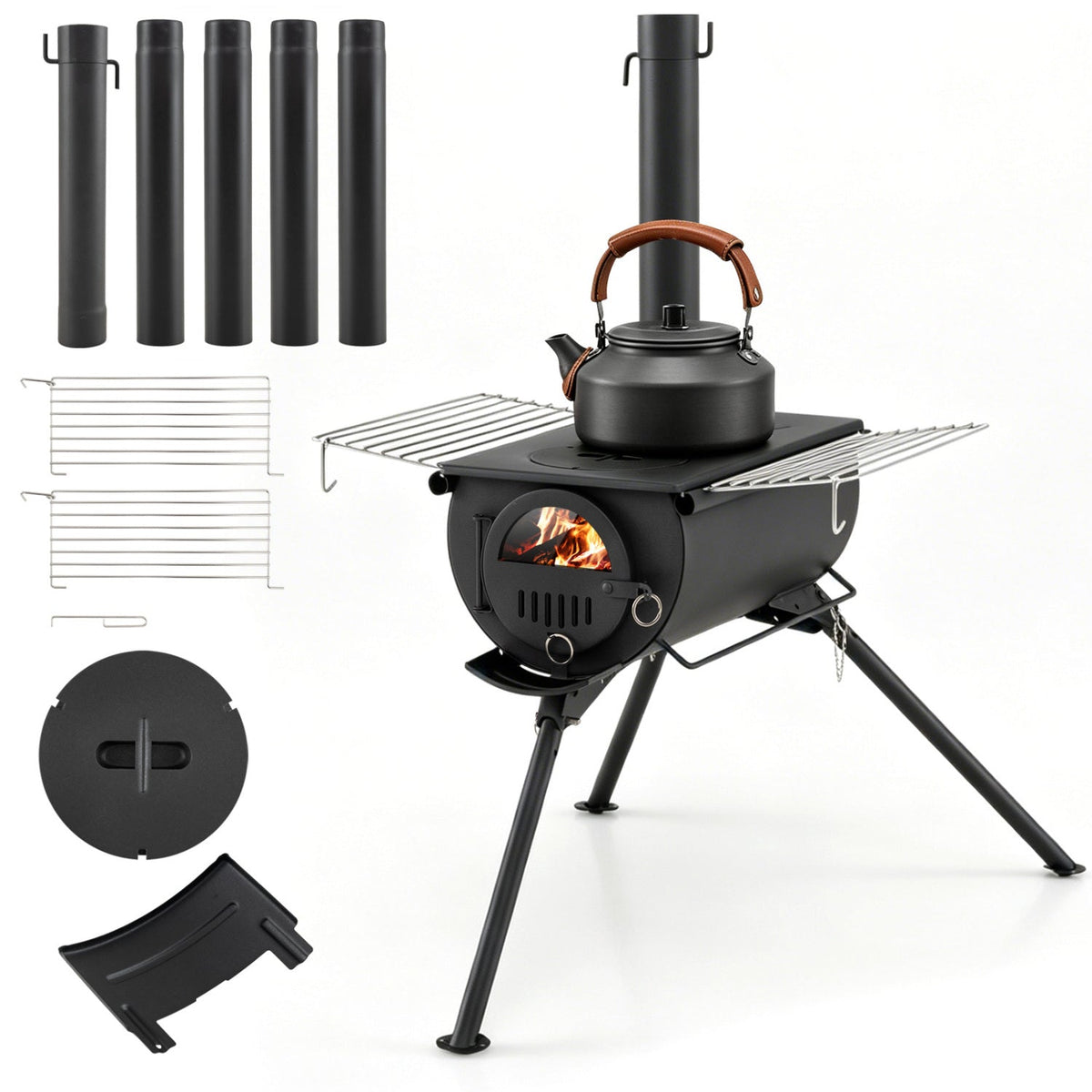 GemGear black portable outdoor stove with chimney pipes, foldable legs, grill racks and kettle on Tampa Home & Garden Store