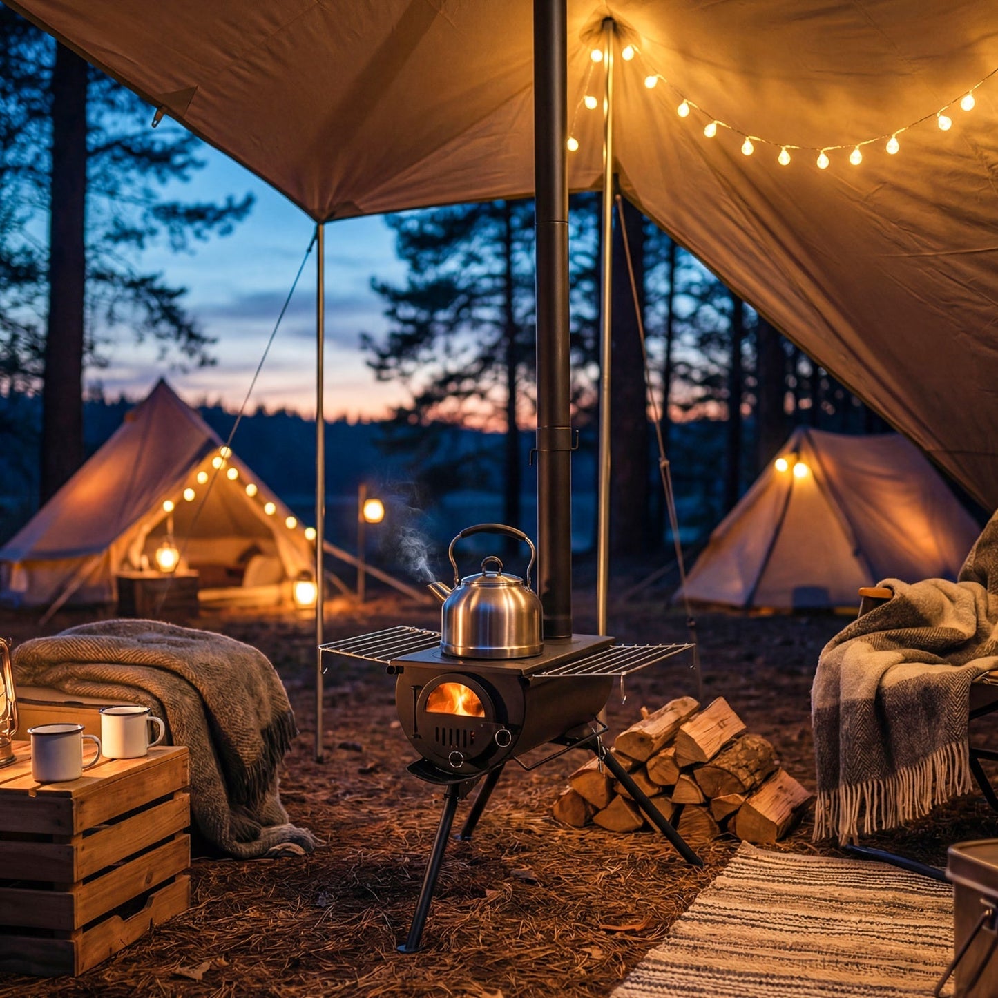 GemGear hot tent stove with chimney pipes and foldable legs, kettle on top in a cozy campsite on Tampa Home & Garden Store