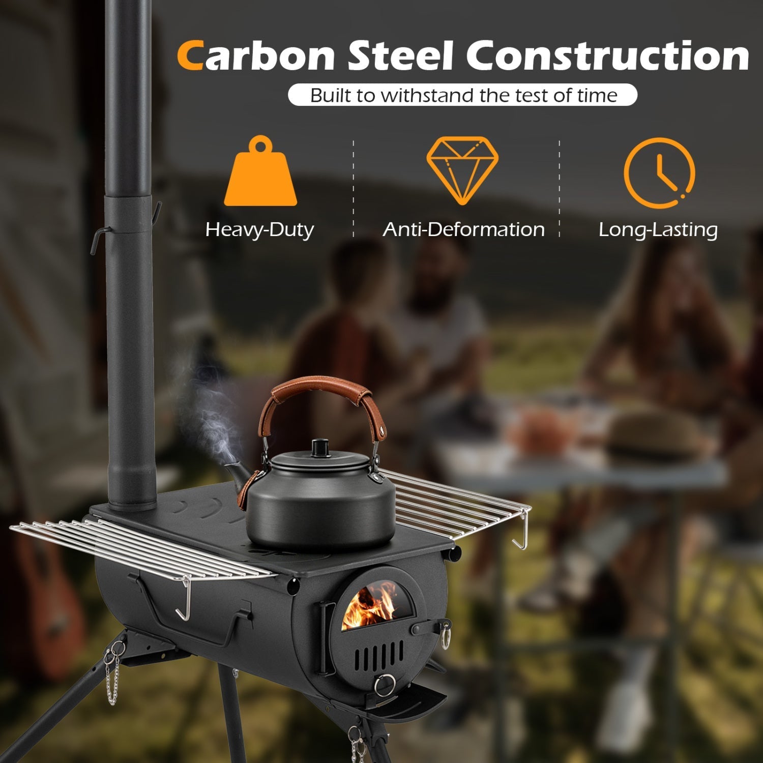 GemGear black metal tent stove with chimney pipes and foldable legs, kettle on top on Tampa Home & Garden Store