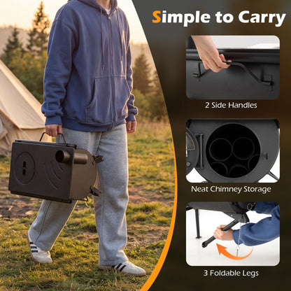 GemGear hot tent stove with chimney pipes, foldable legs and two side handles on Tampa Home & Garden Store