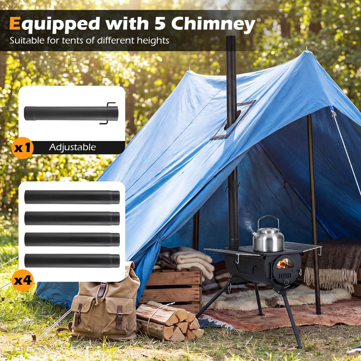 GemGear hot tent stove with foldable legs and black chimney pipe beside blue tent; 4 sections on Tampa Home & Garden Store