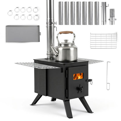 DirectDeals hot tent wood burning stove with 8 chimney pipes and ash tray and kettle on top on Tampa Home & Garden Store