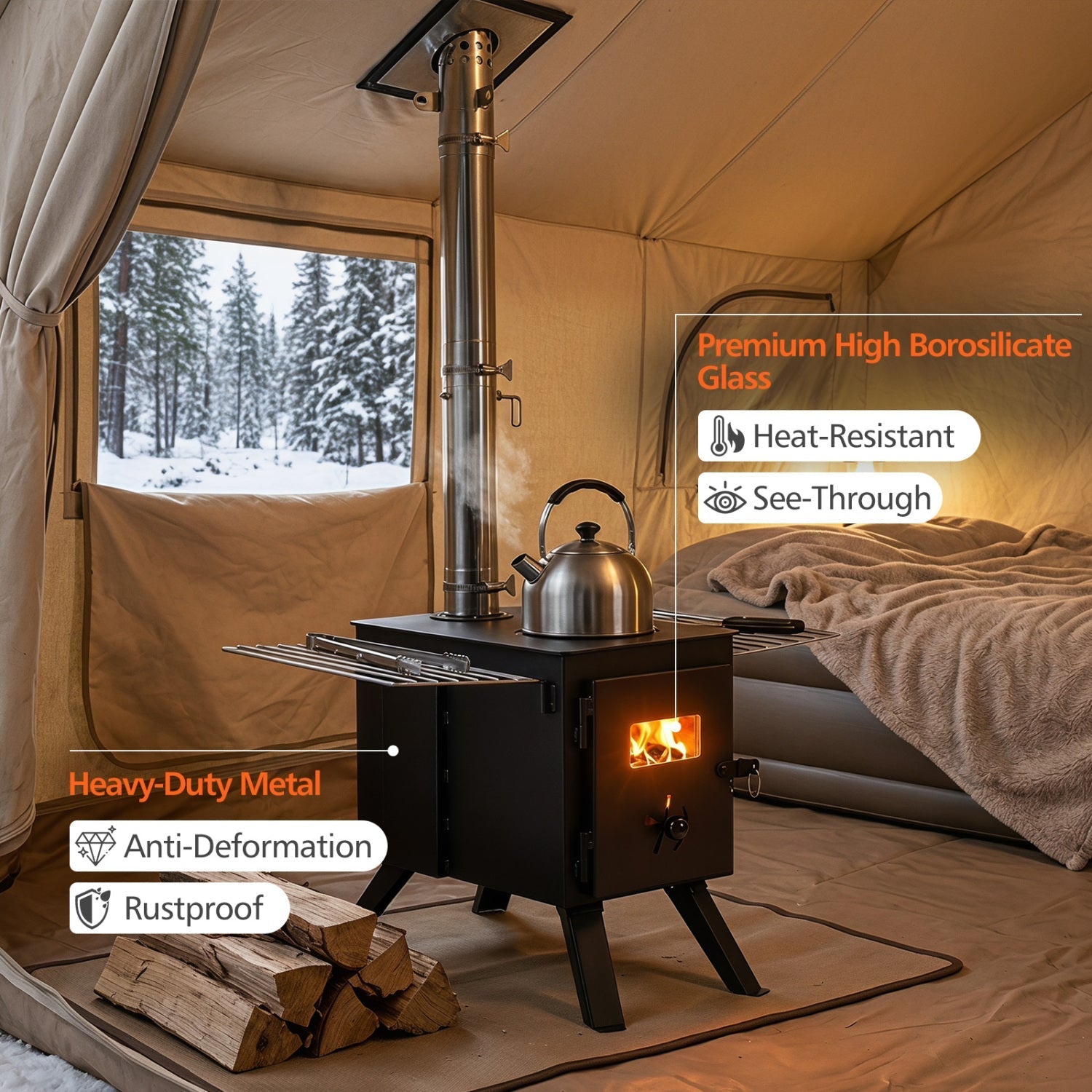 GemGear camping wood burning stove with 8 chimney pipes and ash tray in tent with kettle on top on Tampa Home & Garden Store