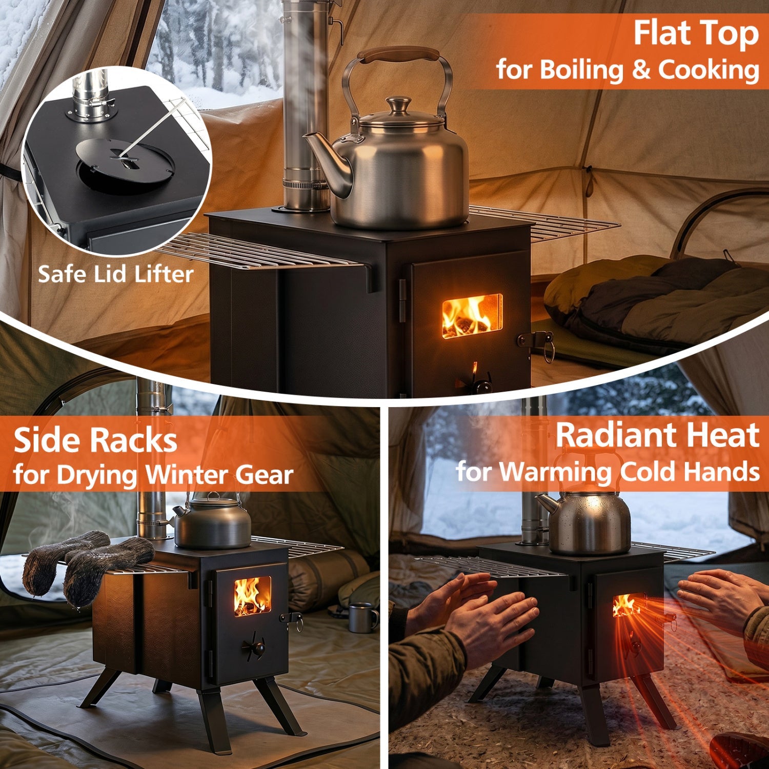 Hot Tent Wood Burning Stove DirectDeals 8 chimney pipes ash tray black camping stove kettle on Tampa Home & Garden Store