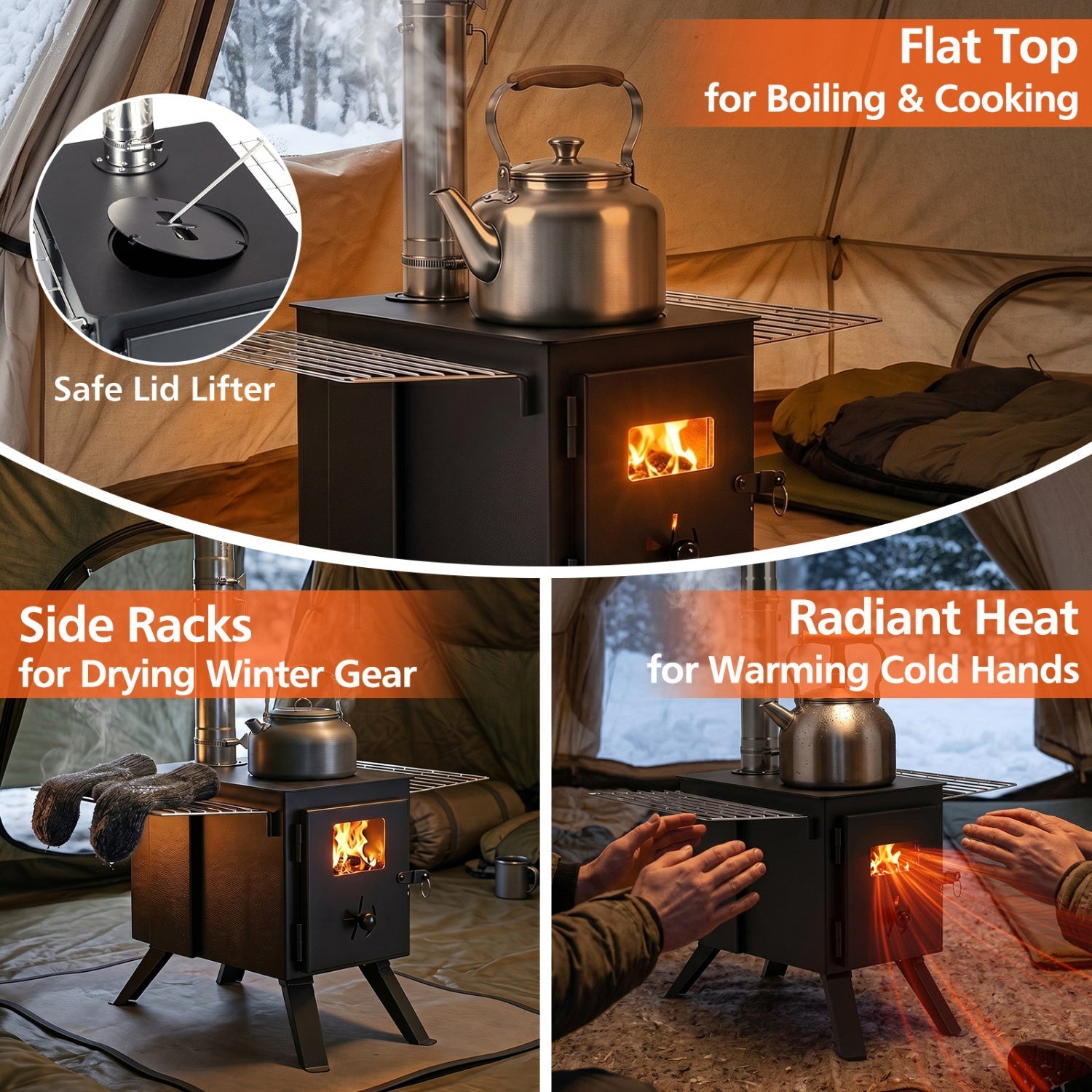 GemGear Hot Tent Wood Burning Stove with 8 chimney pipes and kettle on top on Tampa Home & Garden Store