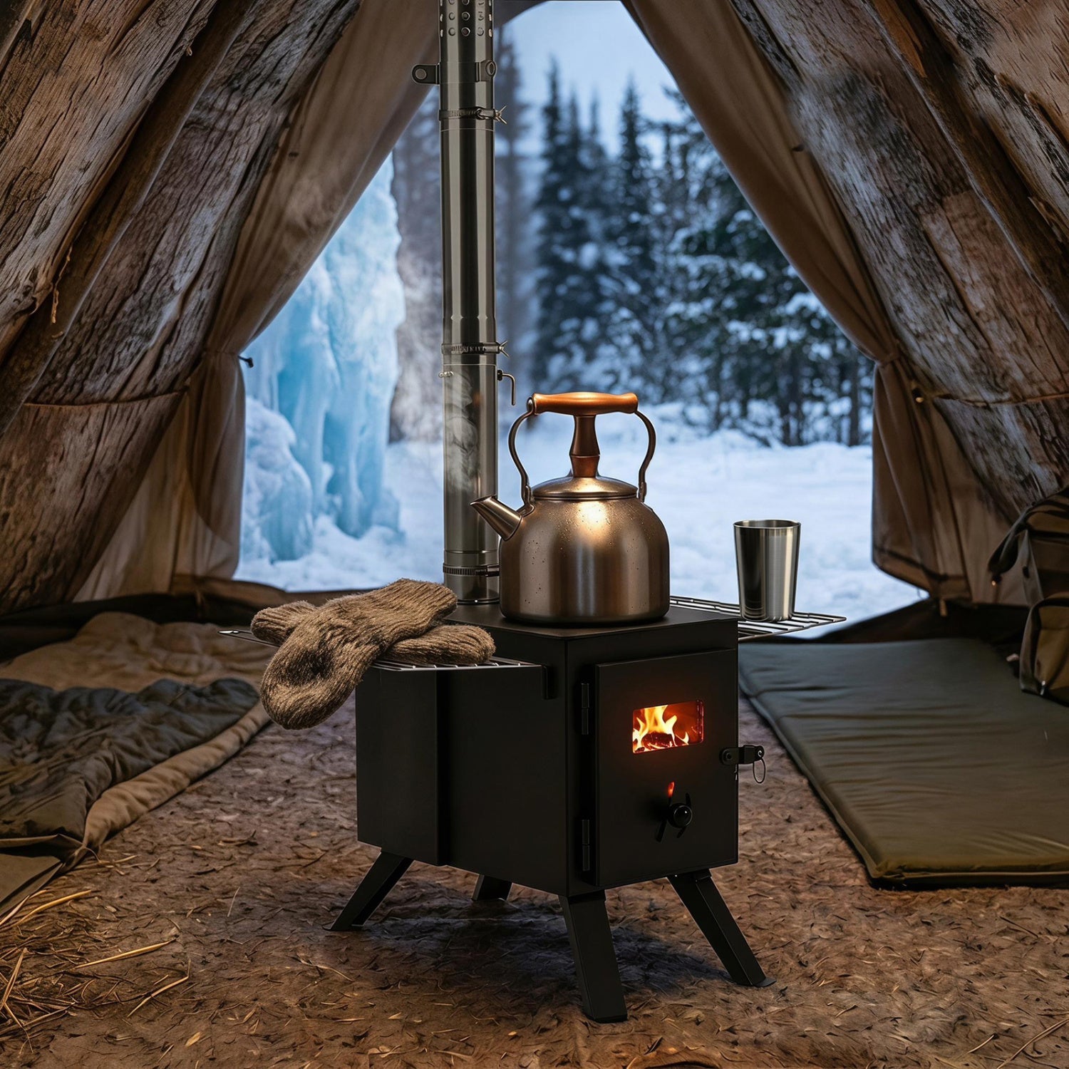 DirectDeals camping stove black wood burning unit with copper kettle on top and 8 chimney pipes on Tampa Home & Garden Store