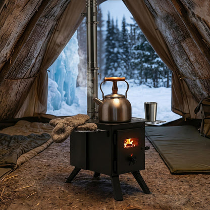 DirectDeals camping stove black wood burning unit with copper kettle on top and 8 chimney pipes on Tampa Home & Garden Store
