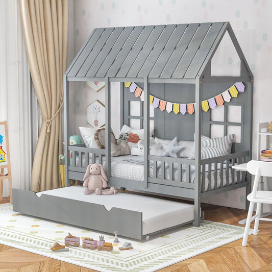Twin Size Bed Frame House Bed with Trundle and 82 Inch Tall Roof - Tampa Home & Garden Store