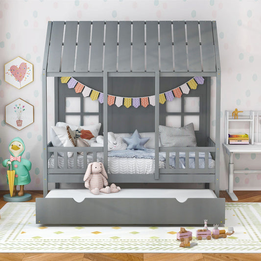 Twin Size Bed Frame House Bed with Trundle and 82 Inch Tall Roof - Tampa Home & Garden Store