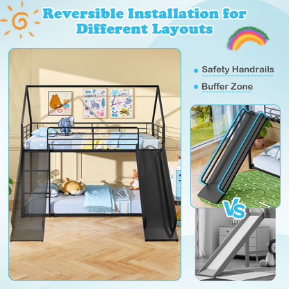 House-shaped Metal Twin Over Twin Low Bunk Bed-Black