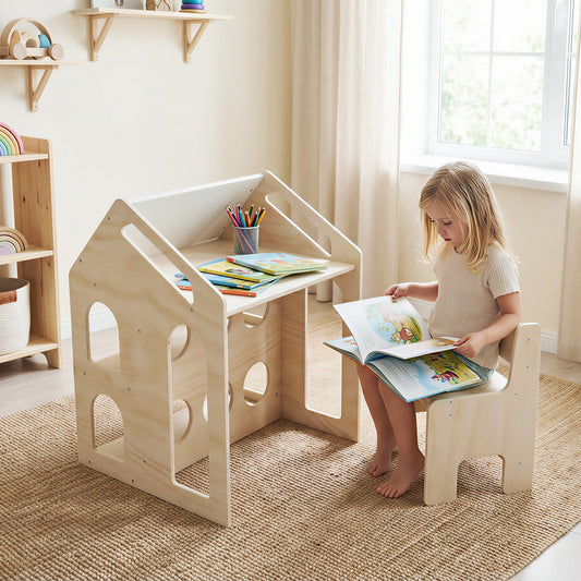 House-shaped Wooden Activity Kids Table Chair Set-Natural - Tampa Home & Garden Store