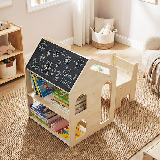 House-shaped Wooden Activity Kids Table Chair Set-Natural - Tampa Home & Garden Store