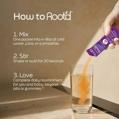 Root'd Prenatal Nutrition + Electrolytes orange powder pouring into water glass on Tampa Home & Garden Store