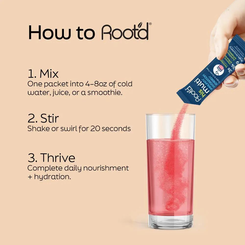 Root'd Advanced Daily Nutrition electrolyte powder sachet pouring pink drink into glass on Tampa Home & Garden Store