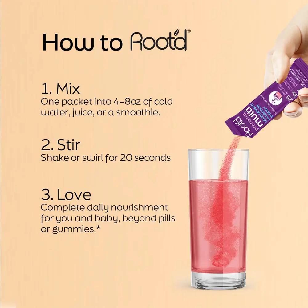 Root'd Essential Prenatal Nutrition + Electrolytes powder poured into a pink drink glass on Tampa Home & Garden Store