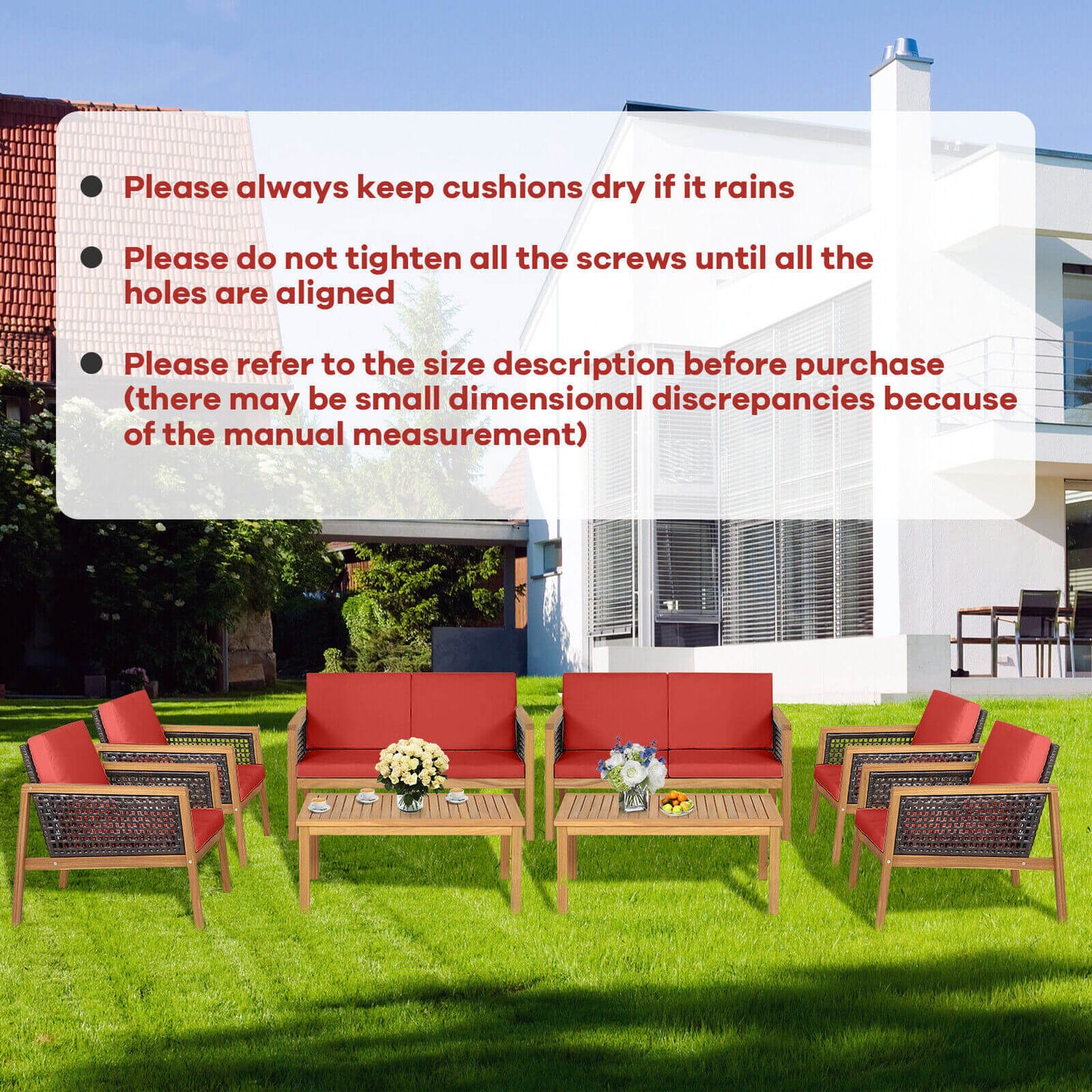 Juego de muebles de patio de ratán de 4 piezas con cojines extraíbles - Rojo