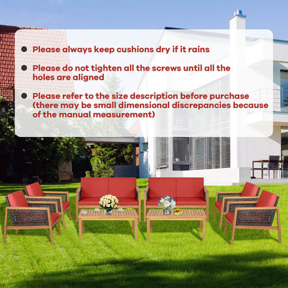 Juego de muebles de patio de ratán de 4 piezas con cojines extraíbles - Rojo