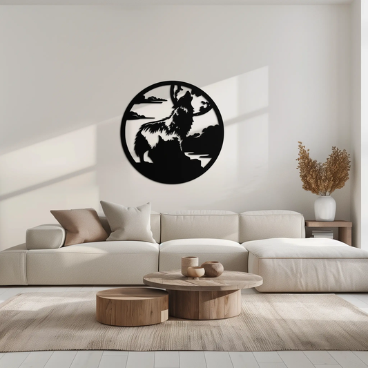 Howling Wolf Metal Wall Art circular black silhouette with wolf and mountains, modern decor on Tampa Home & Garden Store