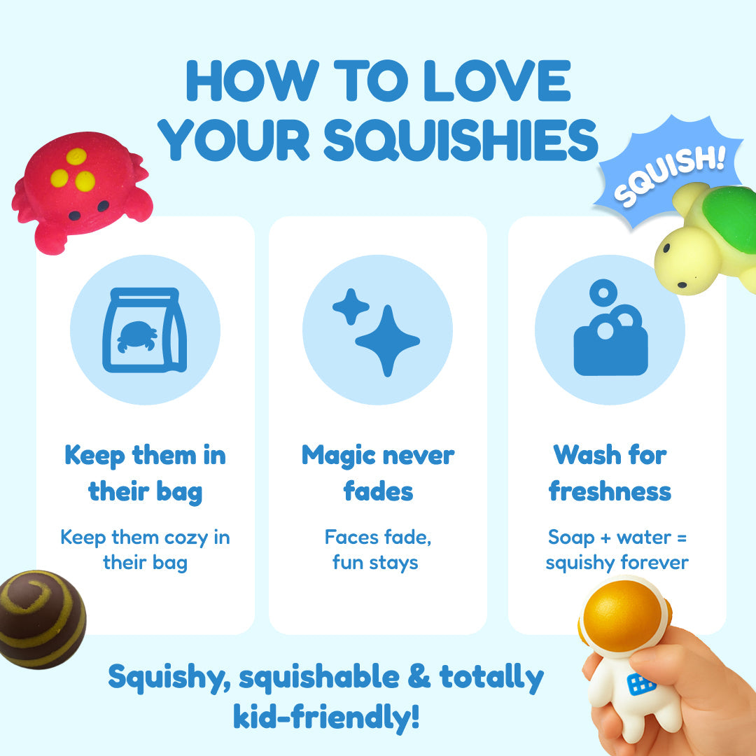 Squishyland educational toy promo by The Fidget Games with three tip cards and colorful squishies on Tampa Home & Garden Store