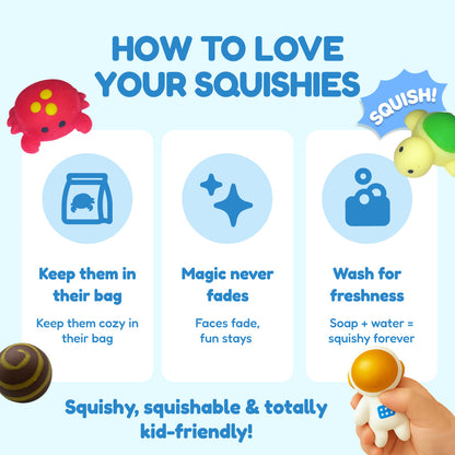 Squishyland educational toy promo by The Fidget Games with three tip cards and colorful squishies on Tampa Home & Garden Store