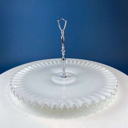 Huge Vintage Fenton Silver Crest Milk Glass Sweets Serving Stand with Silver Handle. White Bakery Serving Dish with Clear Ruffled Edge. - Tampa Home & Garden Store