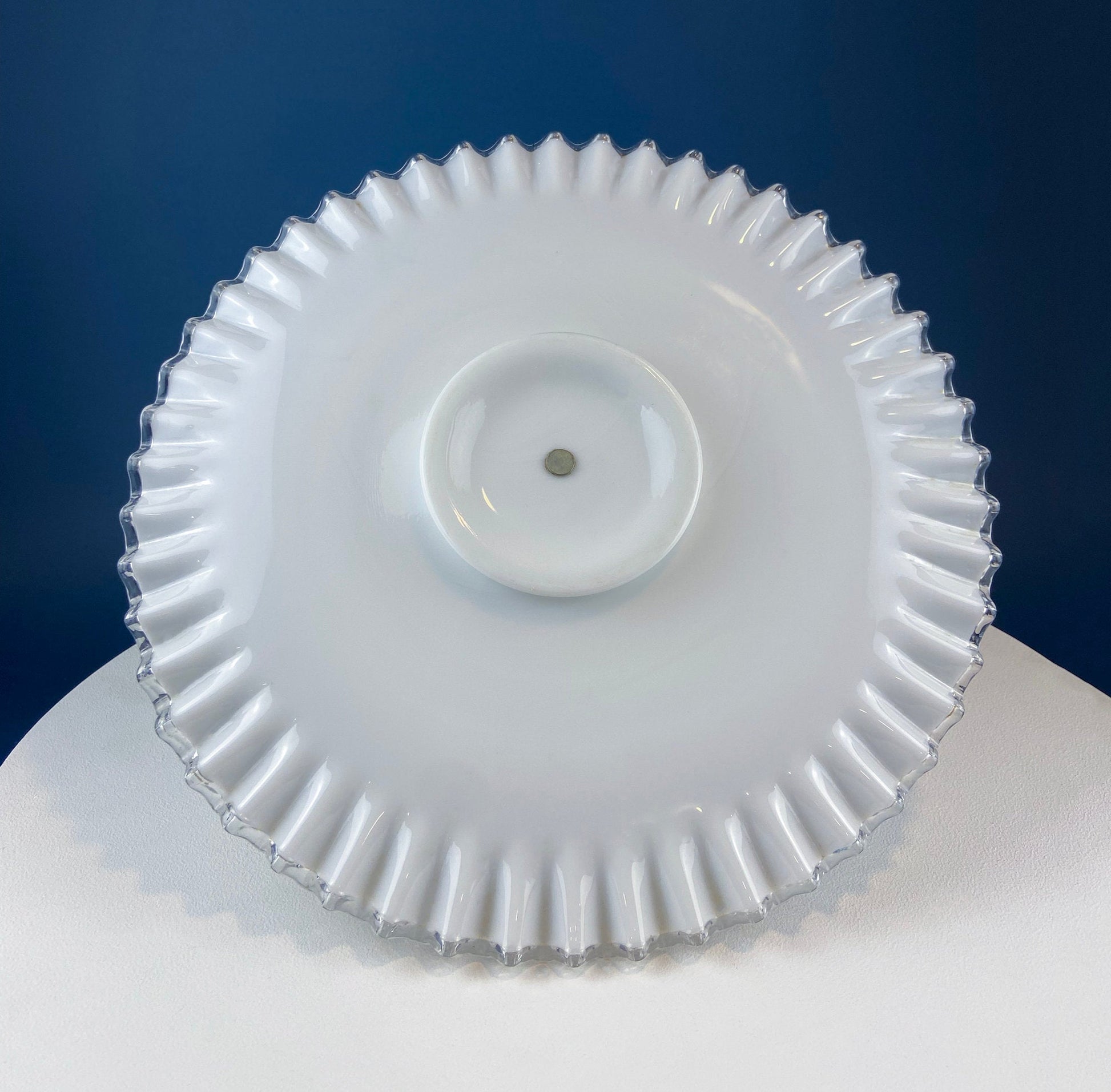 Huge Vintage Fenton Silver Crest Milk Glass Sweets Serving Stand with Silver Handle. White Bakery Serving Dish with Clear Ruffled Edge. - Tampa Home & Garden Store