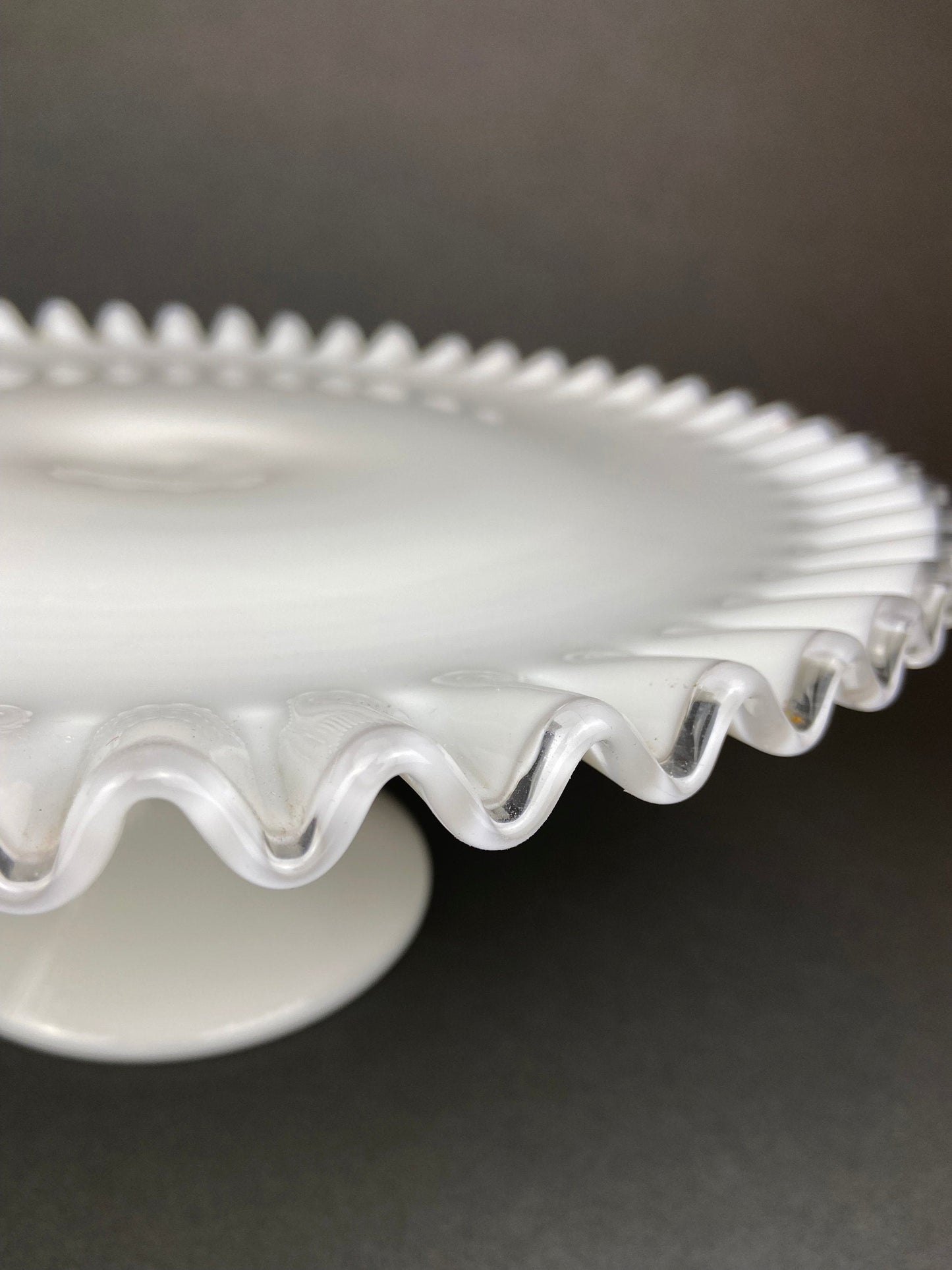 Huge Vintage Fenton Silver Crest Milk Glass Sweets Serving Stand with Silver Handle. White Bakery Serving Dish with Clear Ruffled Edge. - Tampa Home & Garden Store