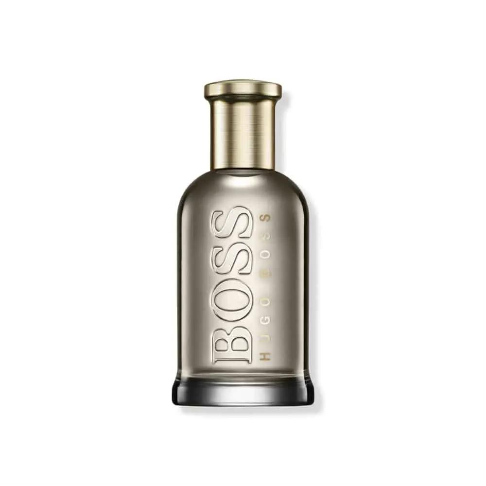 Hugo Boss Bottled Eau de Parfum bottle with embossed BOSS on taupe glass and gold cap on Tampa Home & Garden Store
