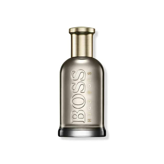 Hugo Boss Bottled Eau de Parfum bottle with embossed BOSS on taupe glass and gold cap on Tampa Home & Garden Store