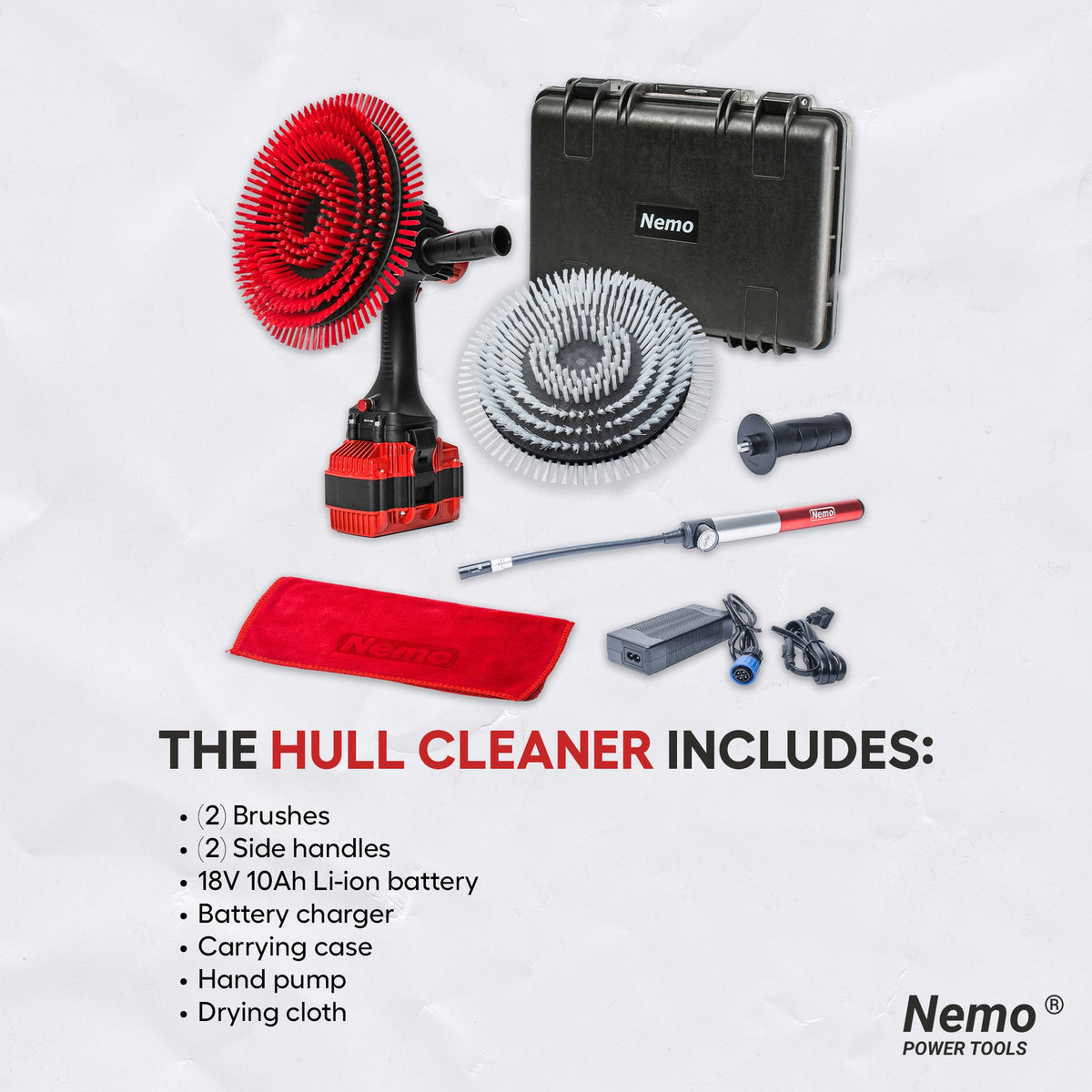 Nemo Hull Cleaner Electric Brush with red/gray circular brushes and carrying case on Tampa Home & Garden Store