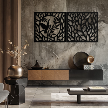 Hummingbird & Leaves Metal Wall Art - Elegant Dual Panel Steel Decor - KAF054 - Tampa Home & Garden Store