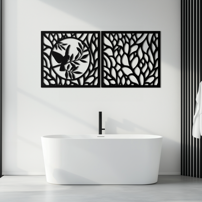 Hummingbird & Leaves Metal Wall Art - Elegant Dual Panel Steel Decor - KAF054 - Tampa Home & Garden Store