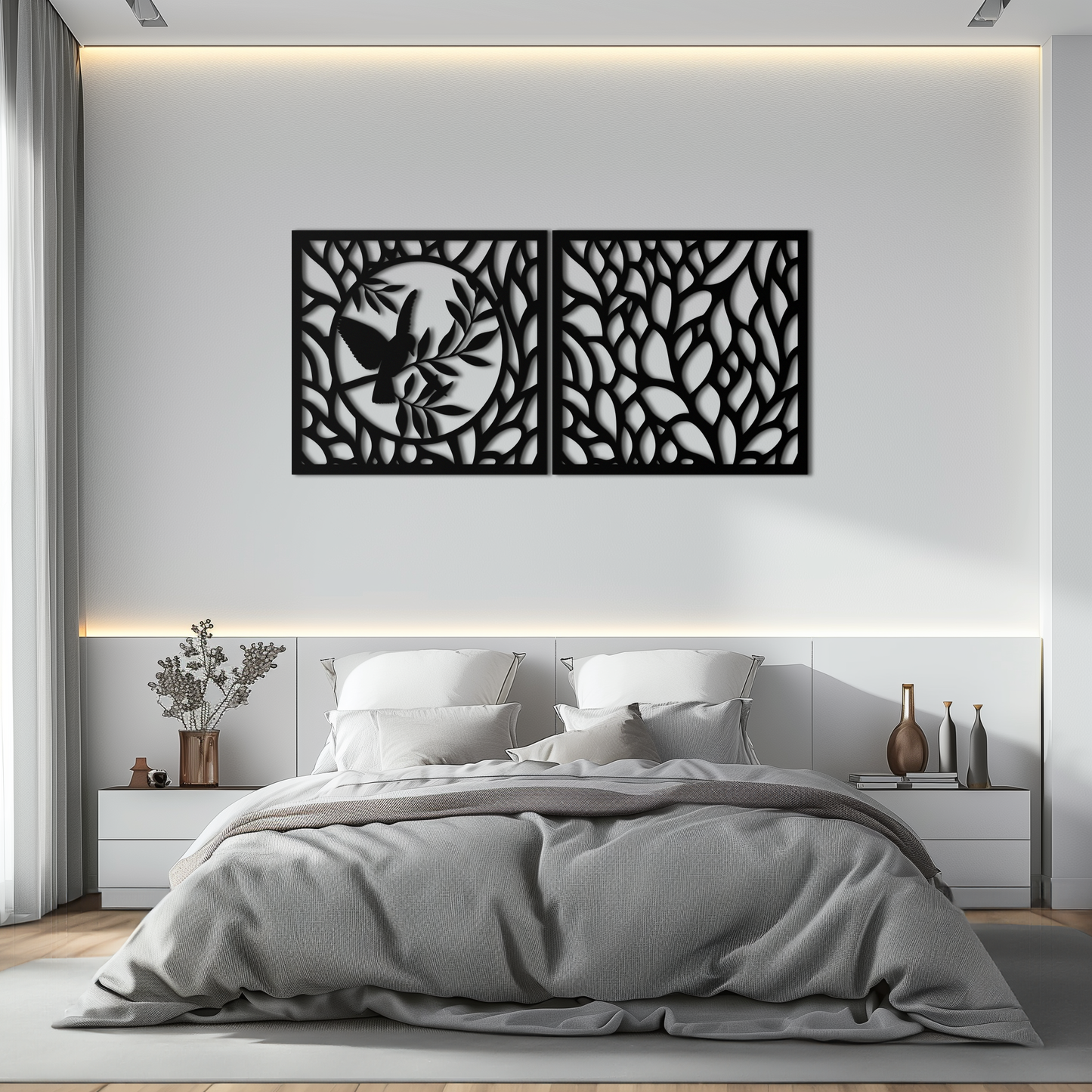 Hummingbird & Leaves Metal Wall Art - Elegant Dual Panel Steel Decor - KAF054 - Tampa Home & Garden Store