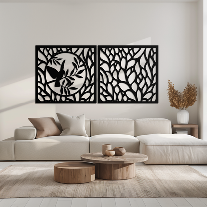 Hummingbird & Leaves Metal Wall Art - Elegant Dual Panel Steel Decor - KAF054 - Tampa Home & Garden Store