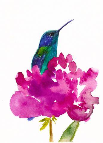 Impresión artística de colibrí en peonía - Decoración de pared floral y de aves vibrante, calidad de archivo, listo para colgar